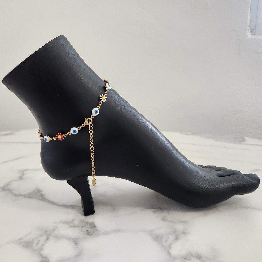 Multi Color Stainless Steel Floral Evil Eye Charm Anklet Summer Accesories - Picture 7 of 16